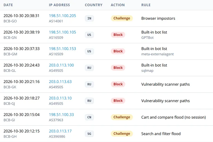 The log with filters and CSV export