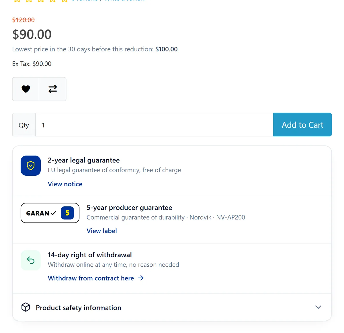 Product page with the legal guarantee, GARAN and withdrawal panel