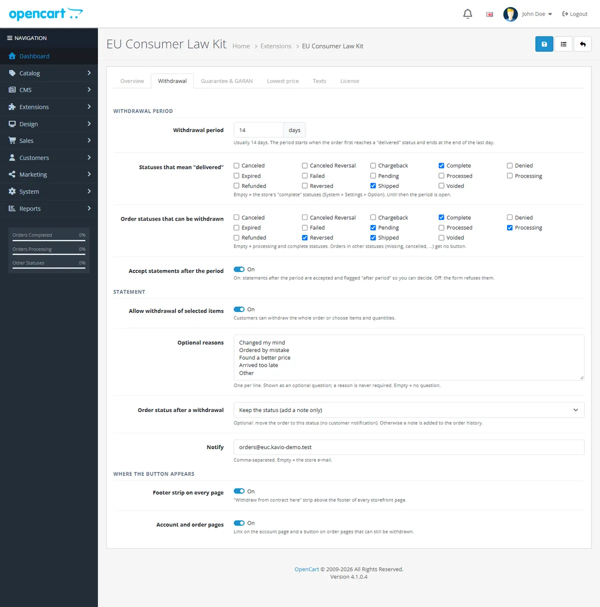 Withdrawal settings