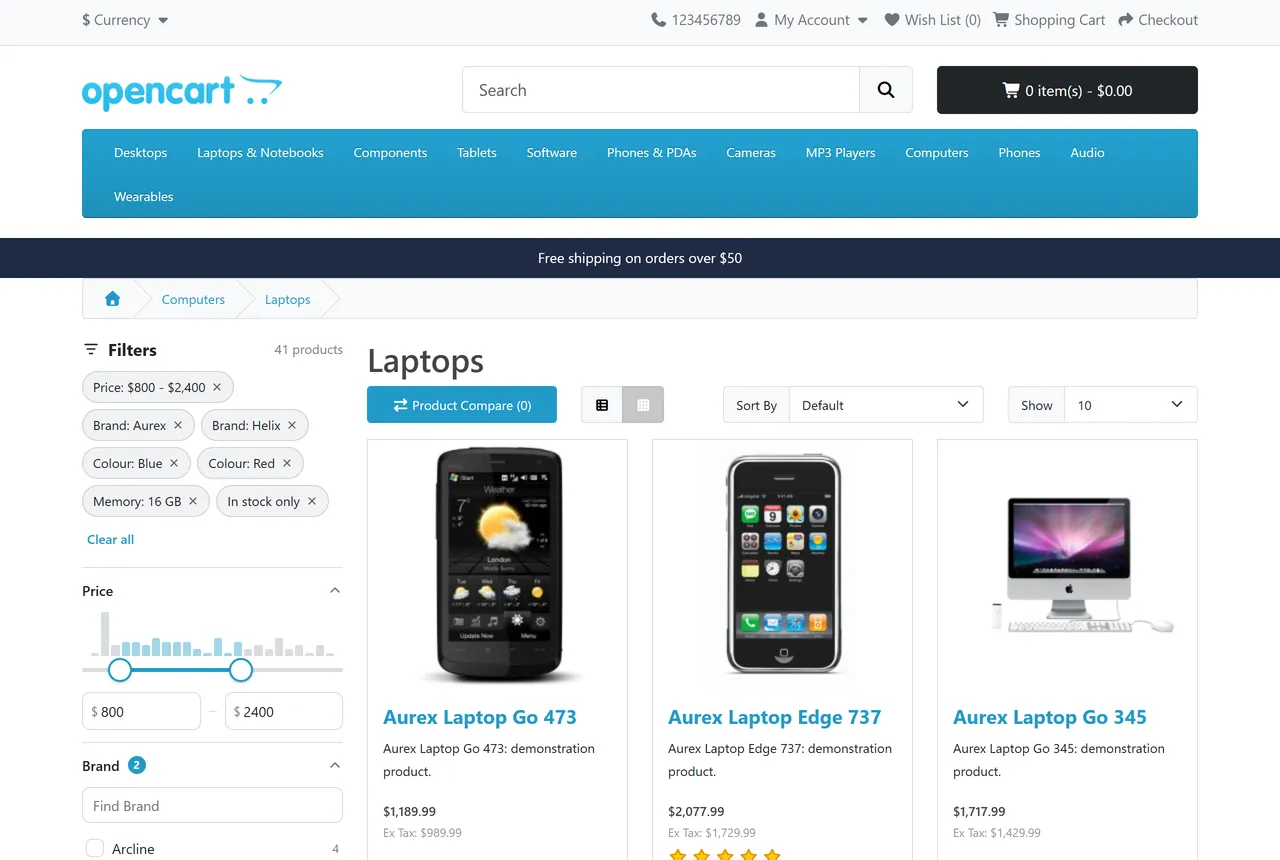 Filtered category page on the stock theme