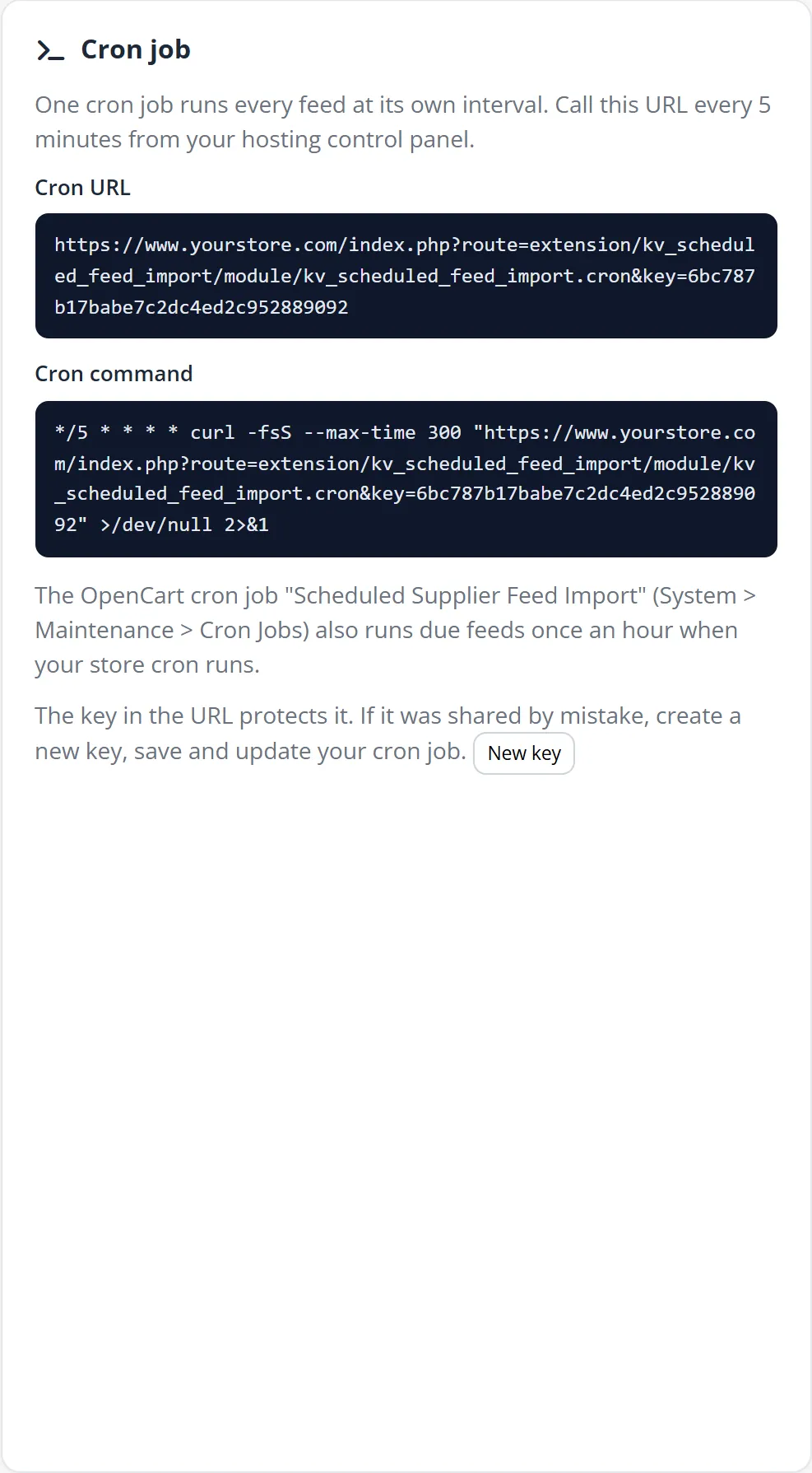 Cron job card on the settings page