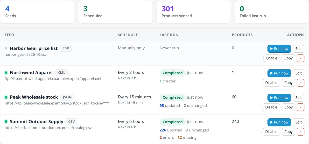 Feed list with schedules, last results and products per feed