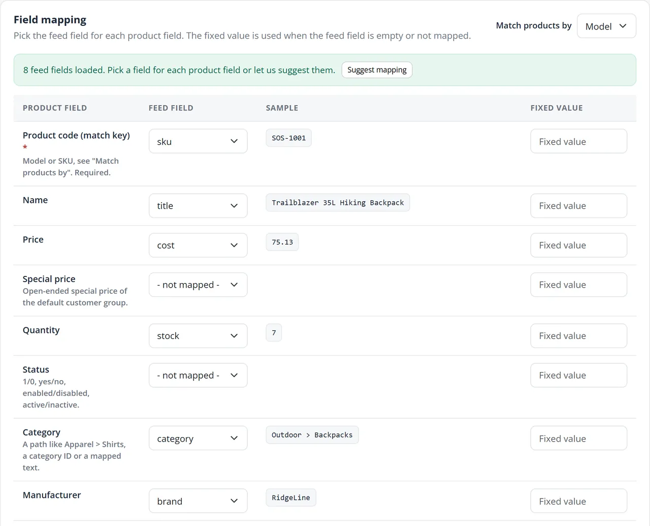 Field mapping with sample values