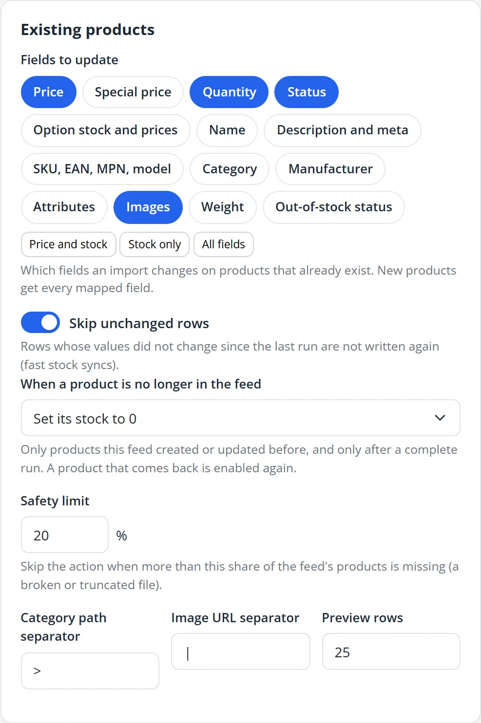 Import options for existing products