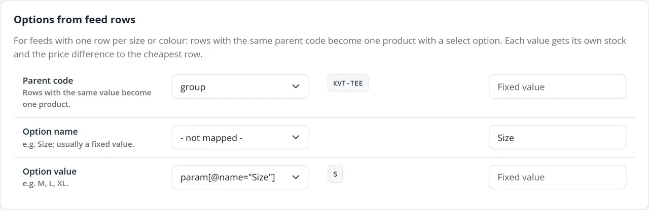 Options from feed rows