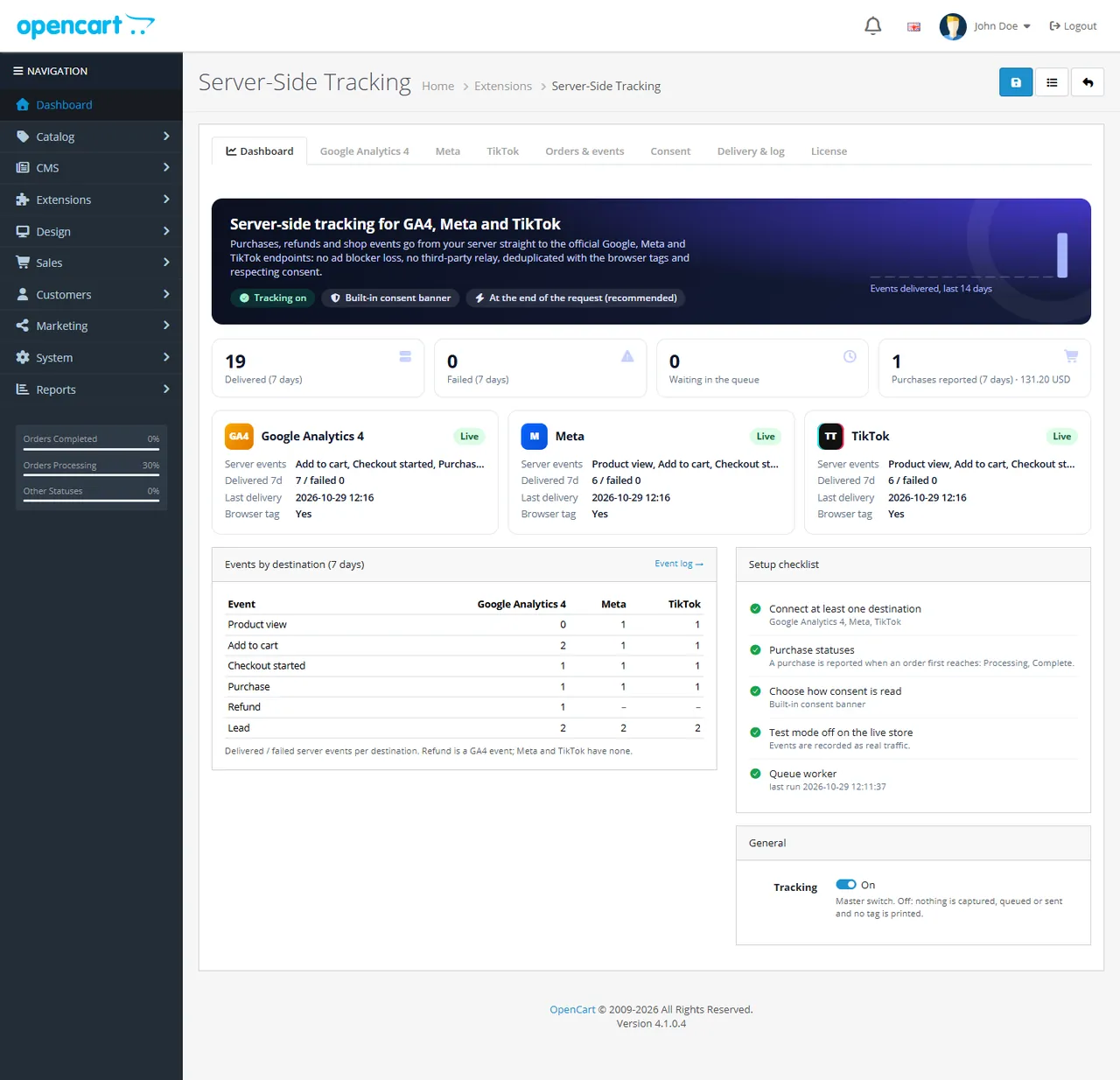 Dashboard with delivered events per destination