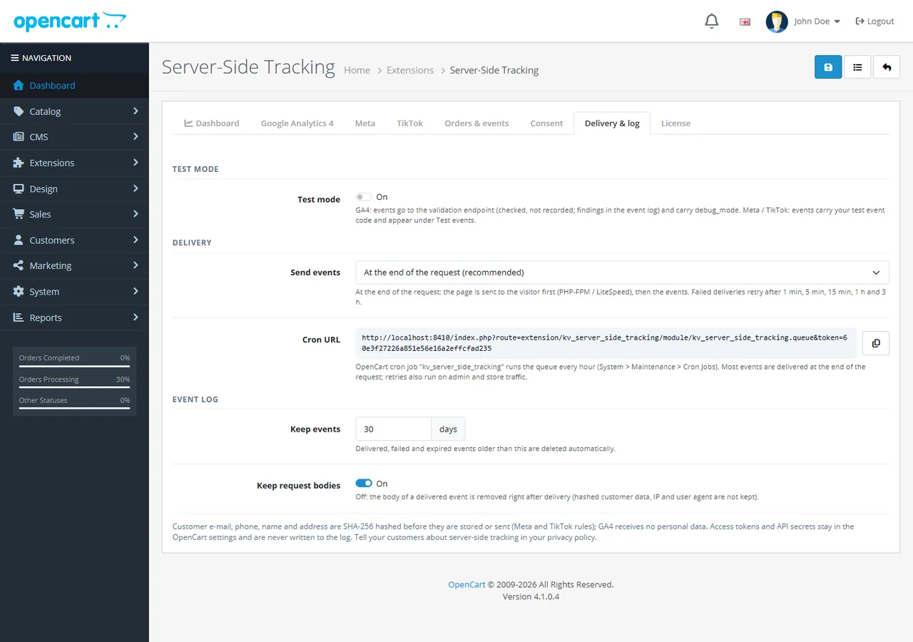 Delivery & log tab