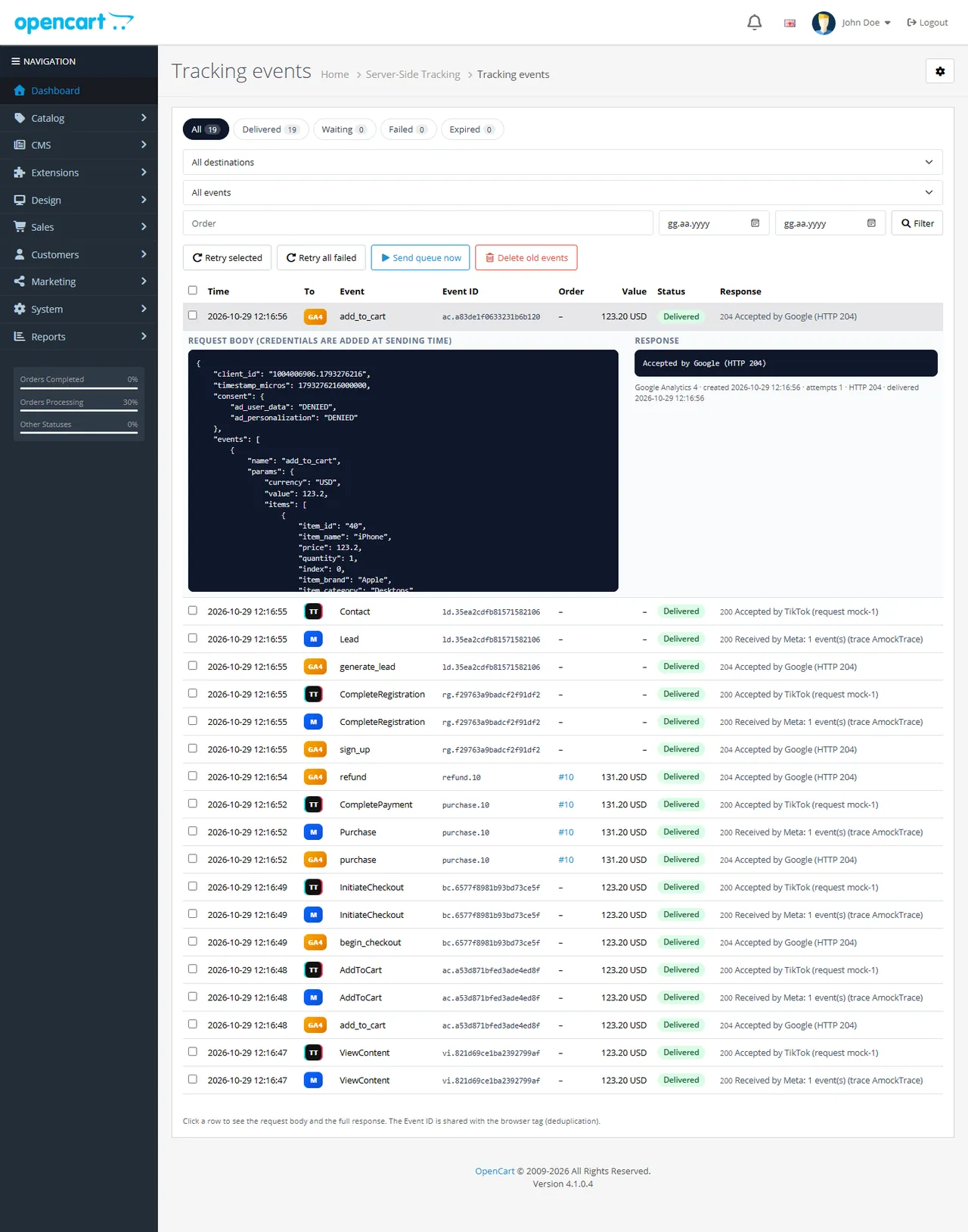 Event log with the request body of an event