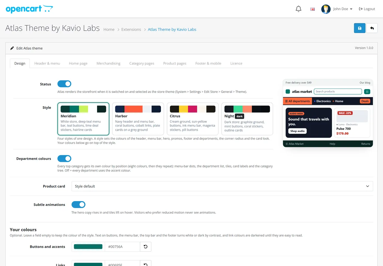 Atlas theme settings: styles and the live preview