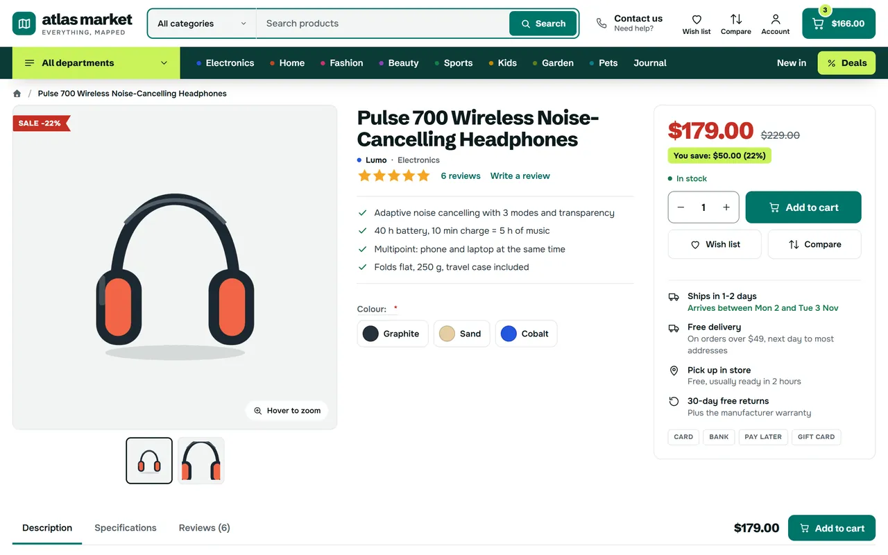 Three-column product page with the buy box