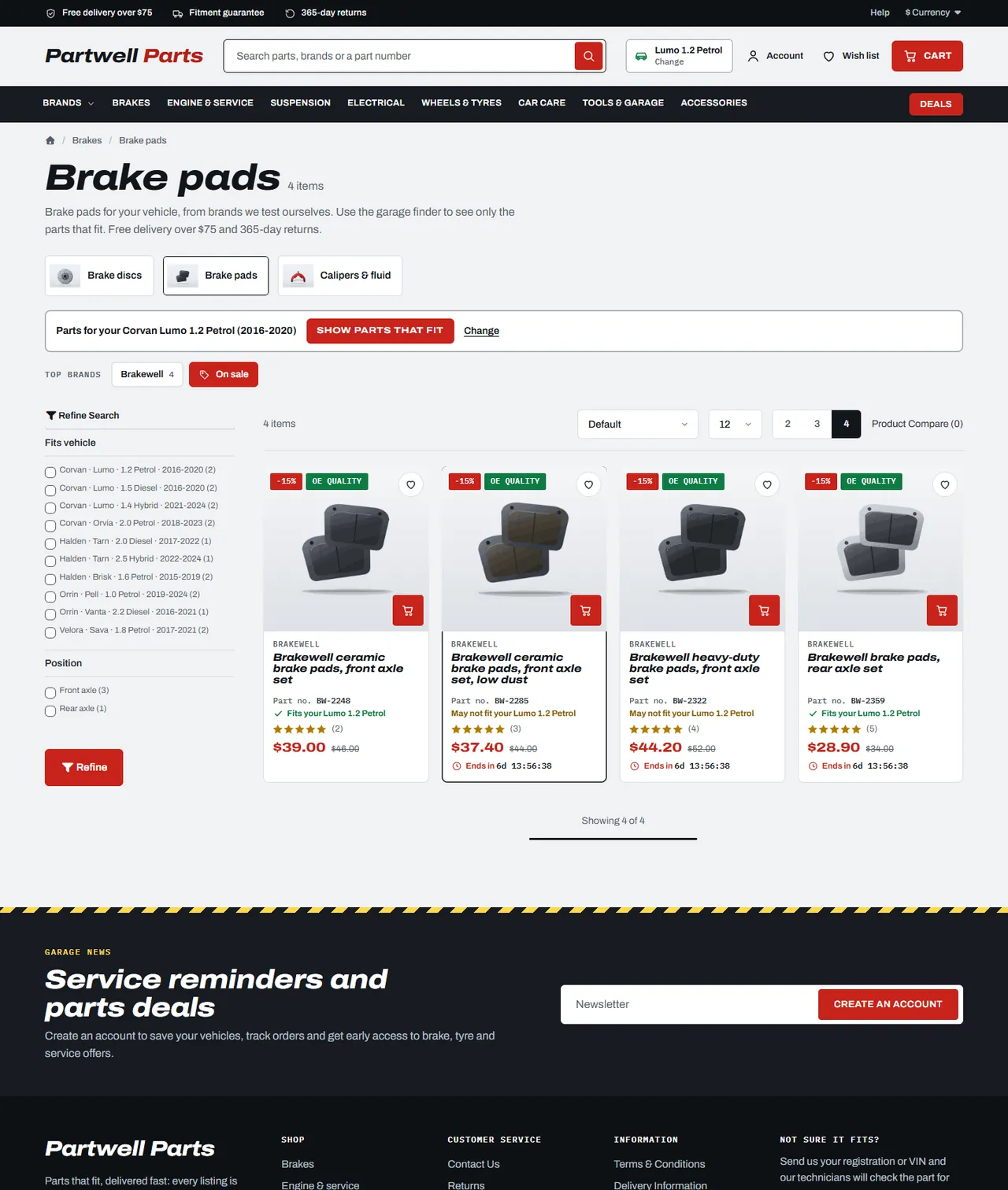 Axle category page with a saved vehicle