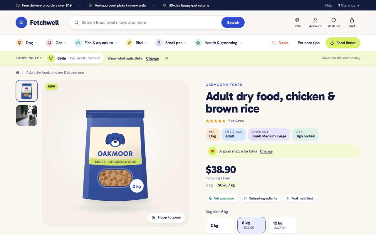 Fetch product page with bag-size chips and the price per kg