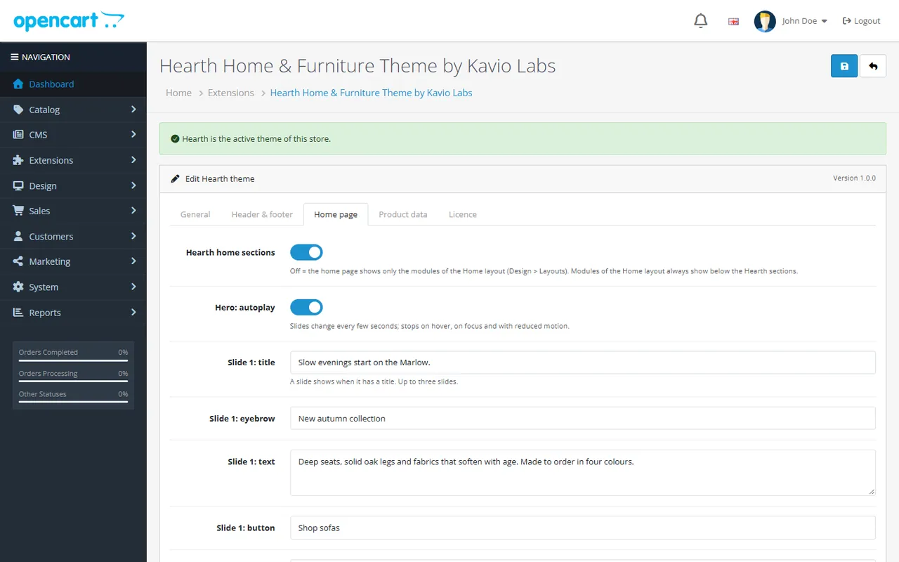 Hearth settings, Home page tab