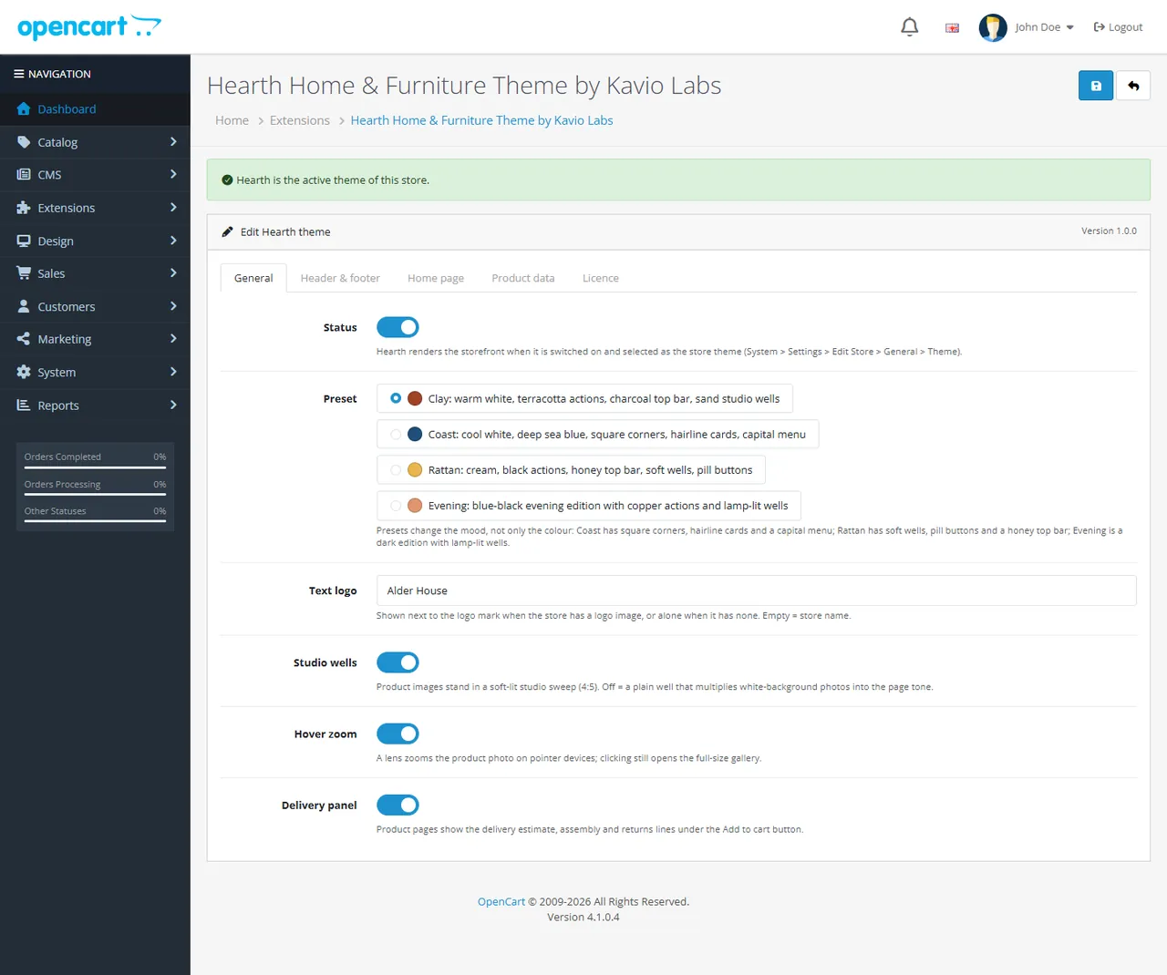 Hearth settings, General tab