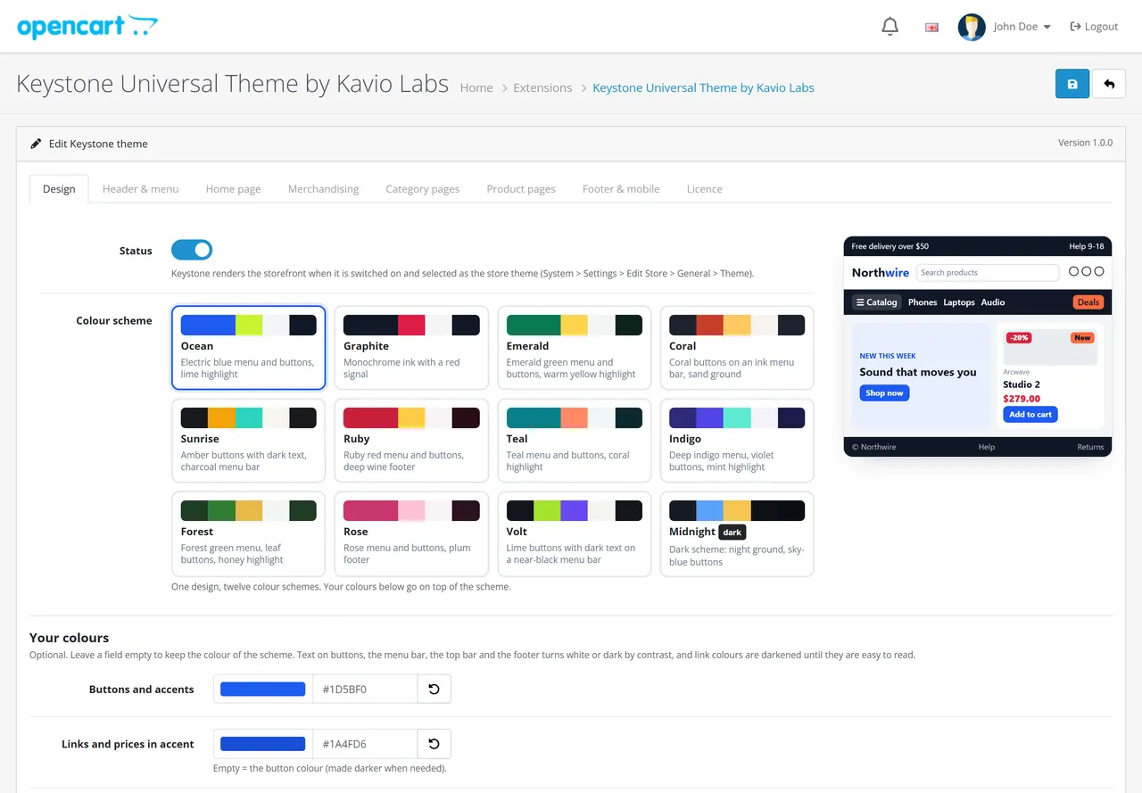 Keystone theme settings: colour schemes and the live preview