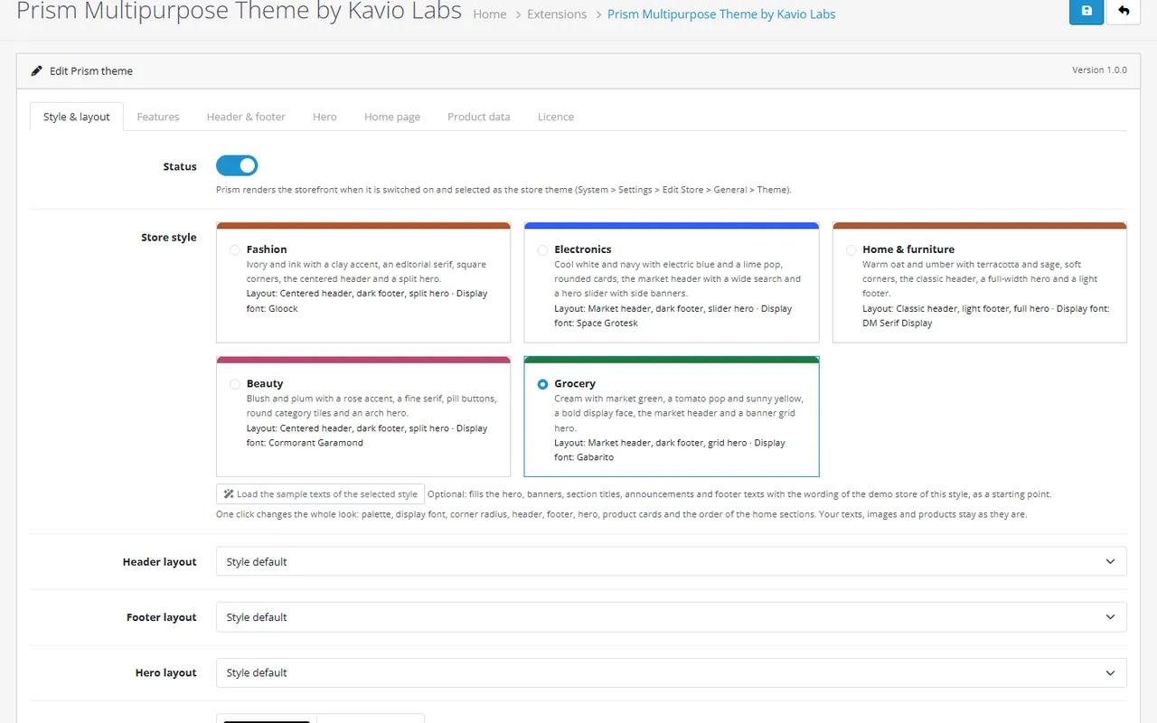 Prism theme settings: the store style picker