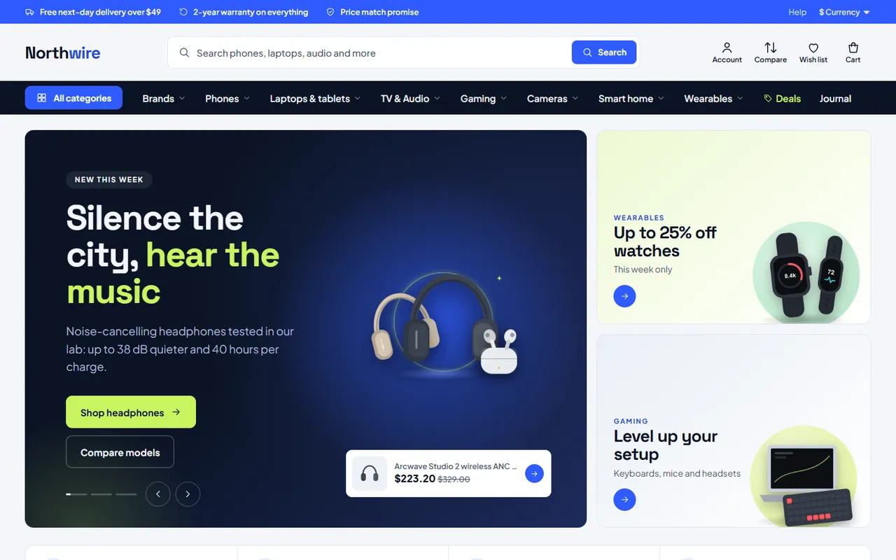 Electronics style with the market header and the hero slider