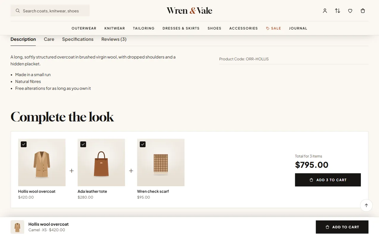 Product page with option chips and the sticky add-to-cart bar