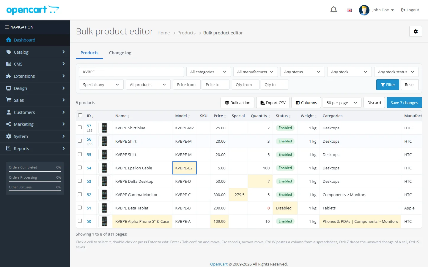 Product grid with inline editing