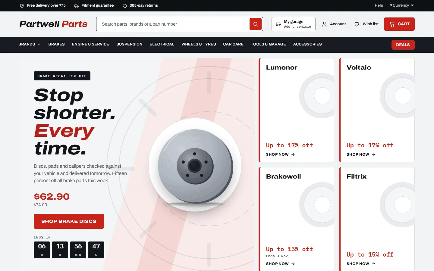 Home page: garage finder in the header, campaign hero with a countdown and brand deal tiles