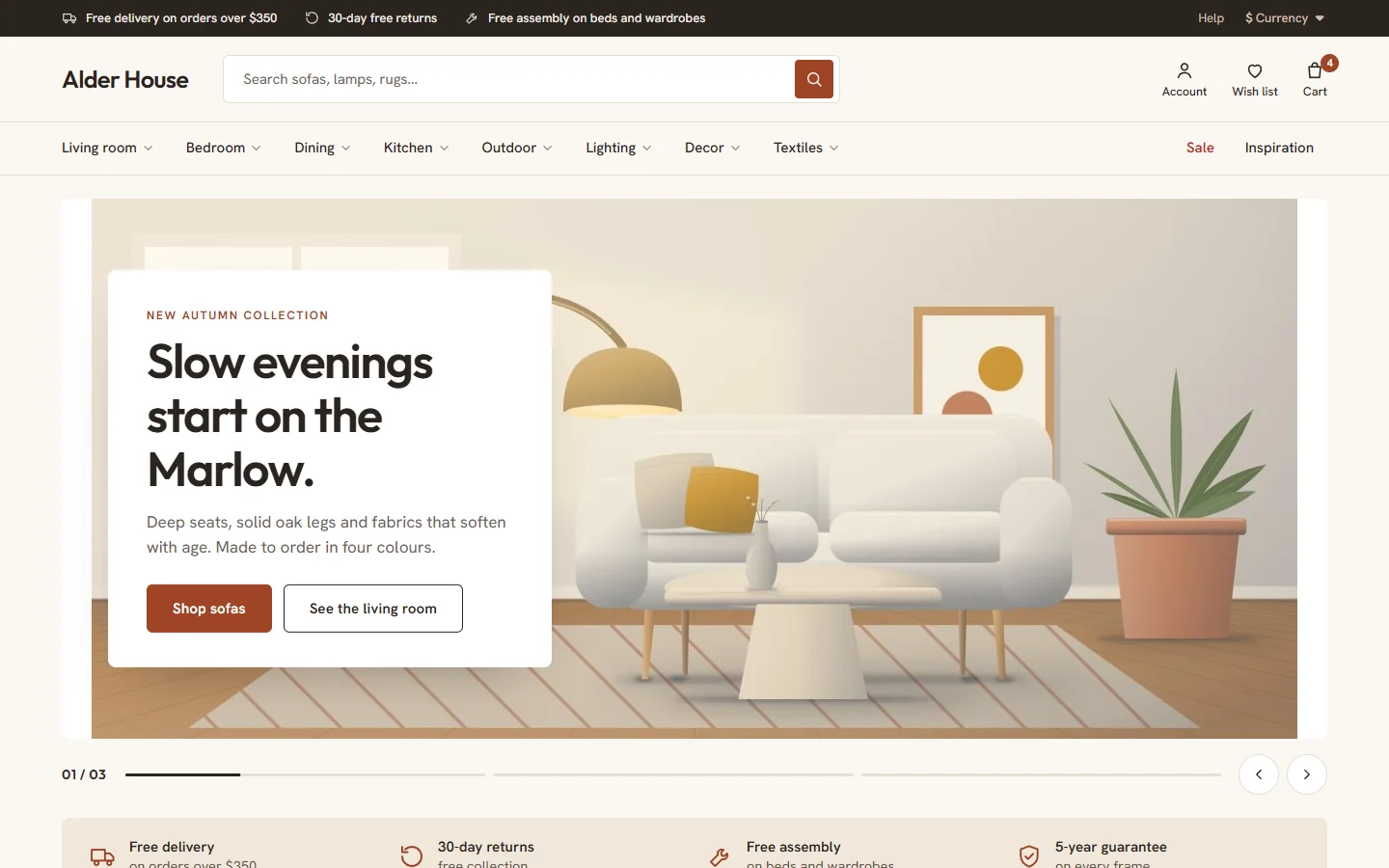 Home page: room hero slider with a floating card, shop by room tiles and tabbed best sellers