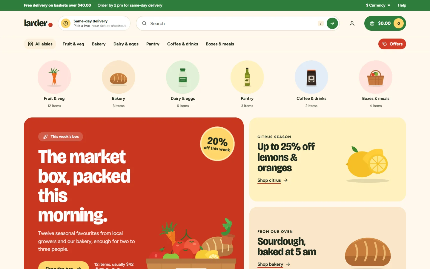 Home page: aisle bubbles, deals and recipe cards