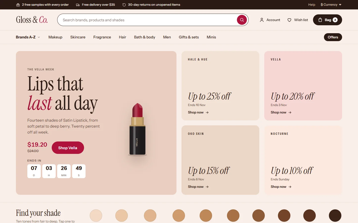 Home page: Brands A-Z mega panel, brand offer mosaic, shade strip and the Top 10 chart