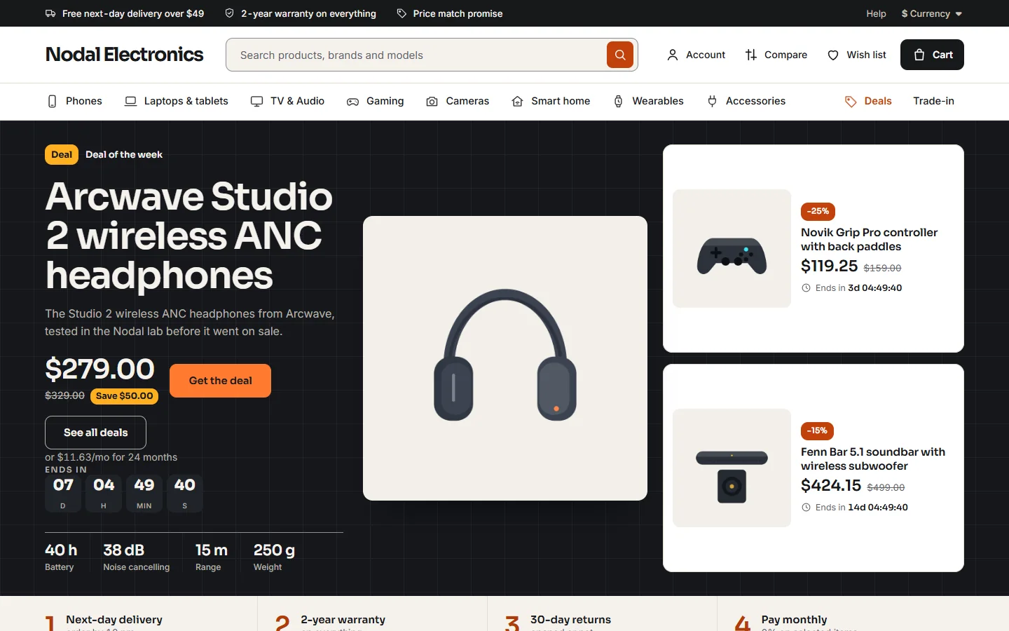 Home page: category icon bar, deal stage with countdown deal tiles, trust row and deals of the day with spec meters