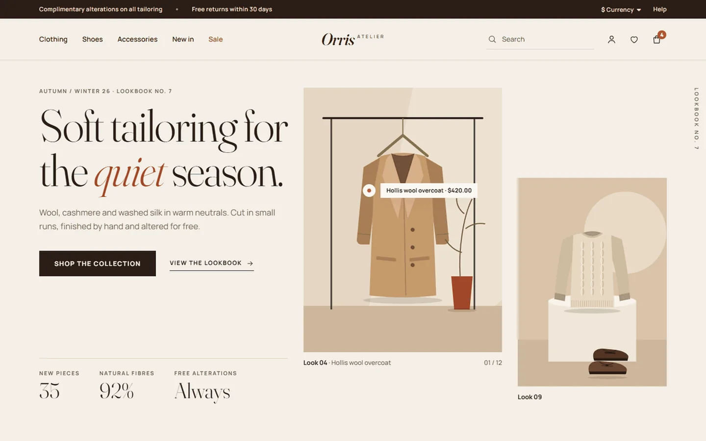Home page: split lookbook hero with a shop-the-look pin, category tiles and the new pieces