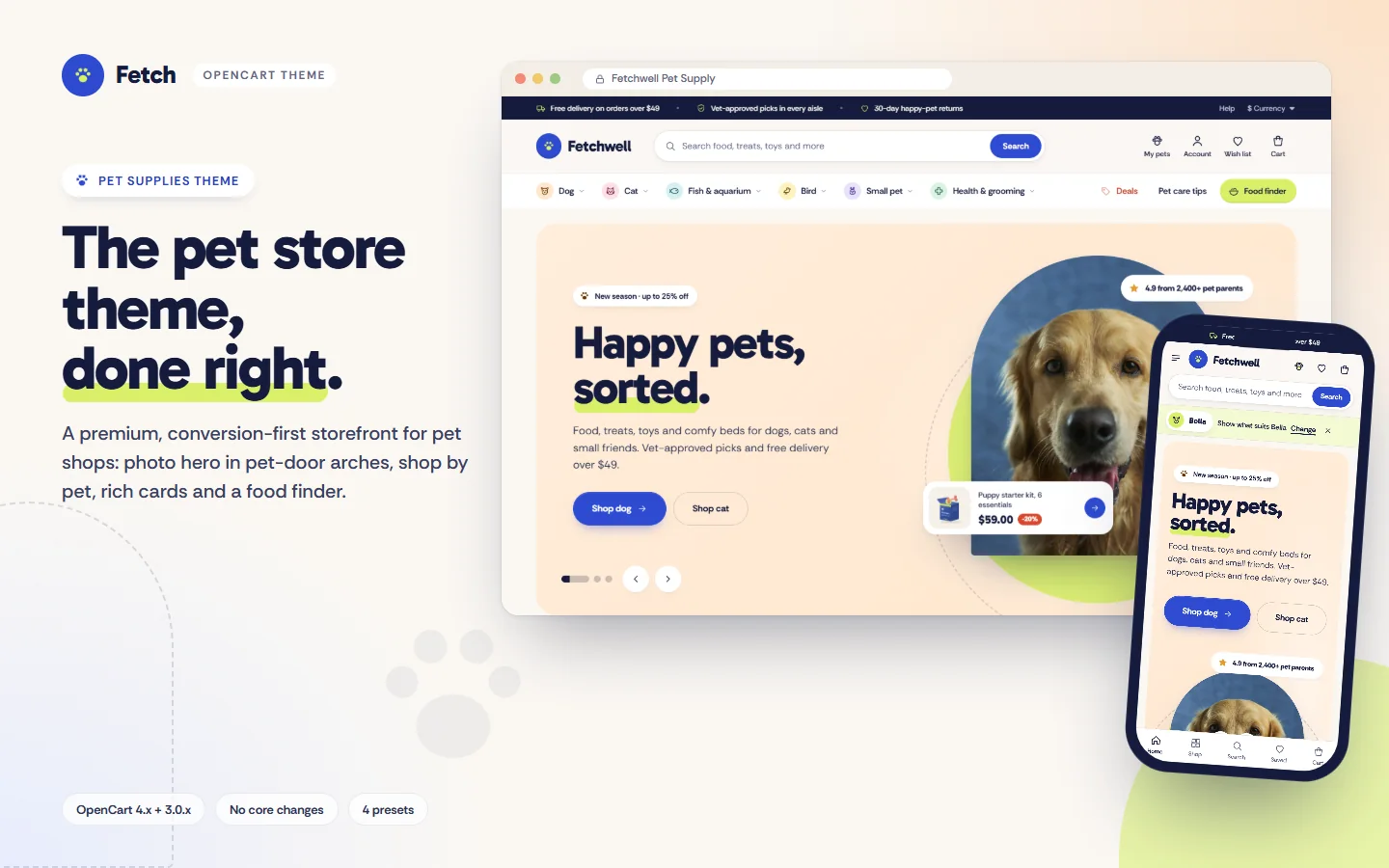 Home page: photo hero in a pet-door arch with a floating product sticker, pet departments and the food finder pill