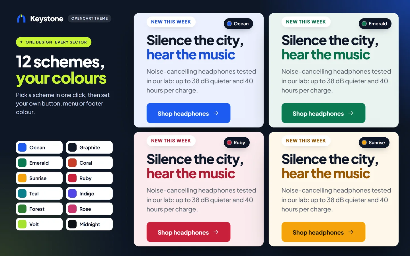 One design, 12 colour schemes, and your own colours on top with readable text by contrast