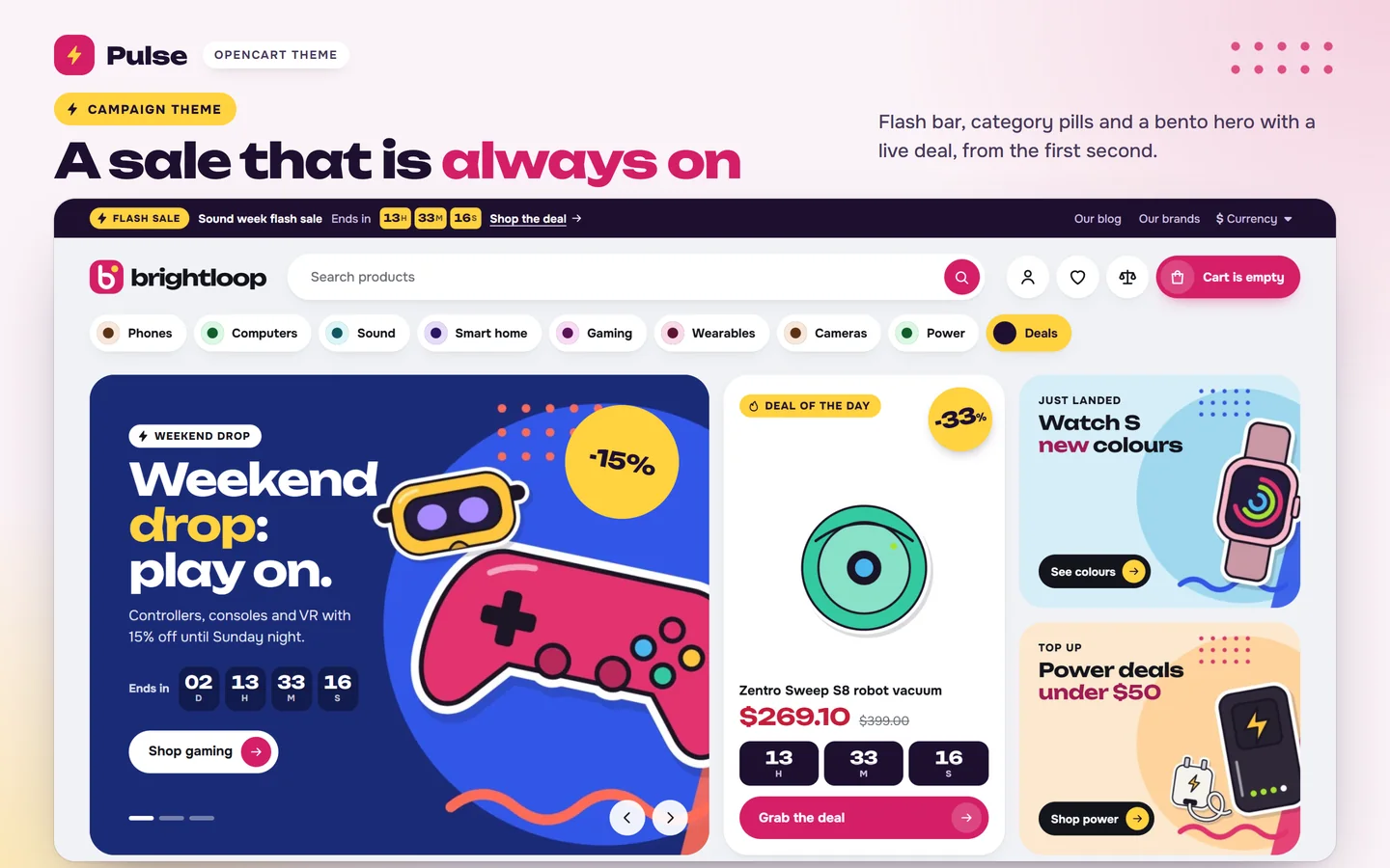 A sale that is always on: flash bar, category pills and a bento hero with a live deal
